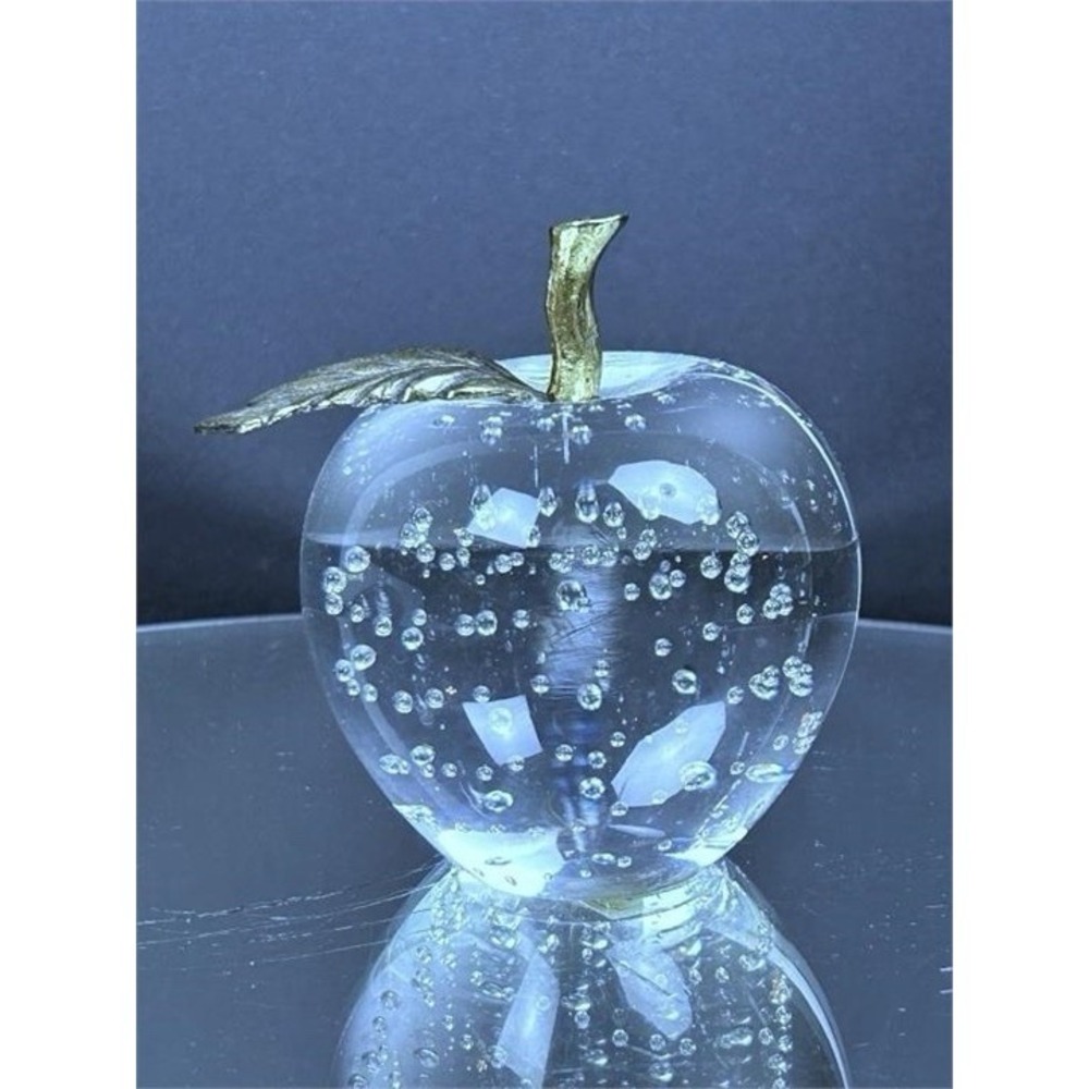 Vintage Bubble Glass Apple Paperweight Brass Leaf Stem Taiwan Crystal Clear